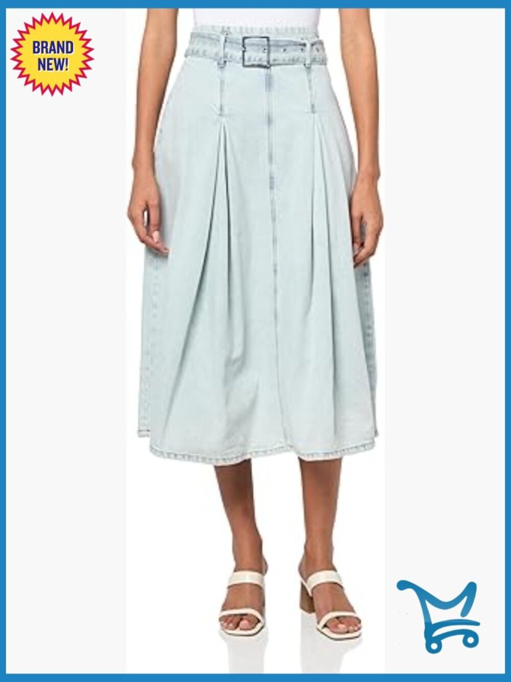 Denim Midi Skirt with Belt, Mid Rise, Pull On Closure